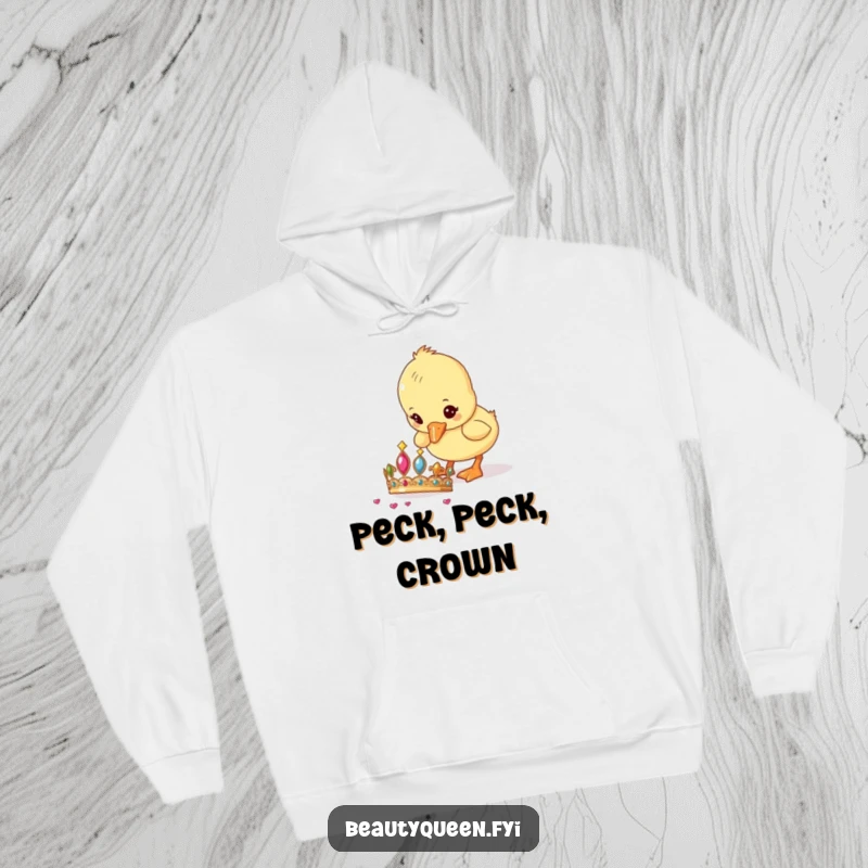 Funny Hoodie illustration of a cute duckling curiously pecking at a fallen tiara, bringing humor and warmth.