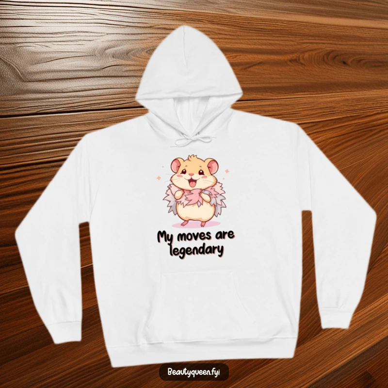 Funny Hamster Hoodie: Soft and warm sweatshirt featuring a squeaking hamster wearing a feathered boa, doing a happy dance.