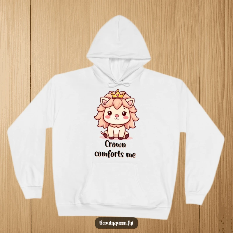 Funny hoodie featuring a cheerful animal with a voluminous fluffy mane and a cute, tiny crown.