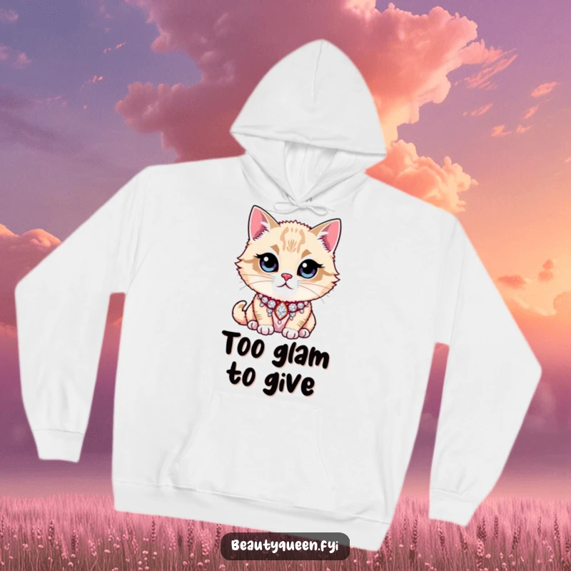 Funny Cat Hoodie depicting a majestic cat sporting a prominent, glittering rhinestone collar, looking incredibly smug and stylish.