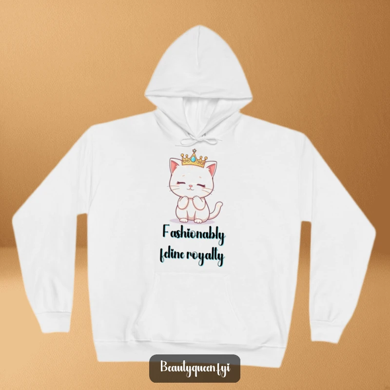 Funny hoodie with a kawaii cat wearing a glittering crown, elegantly attempting a curtsy.