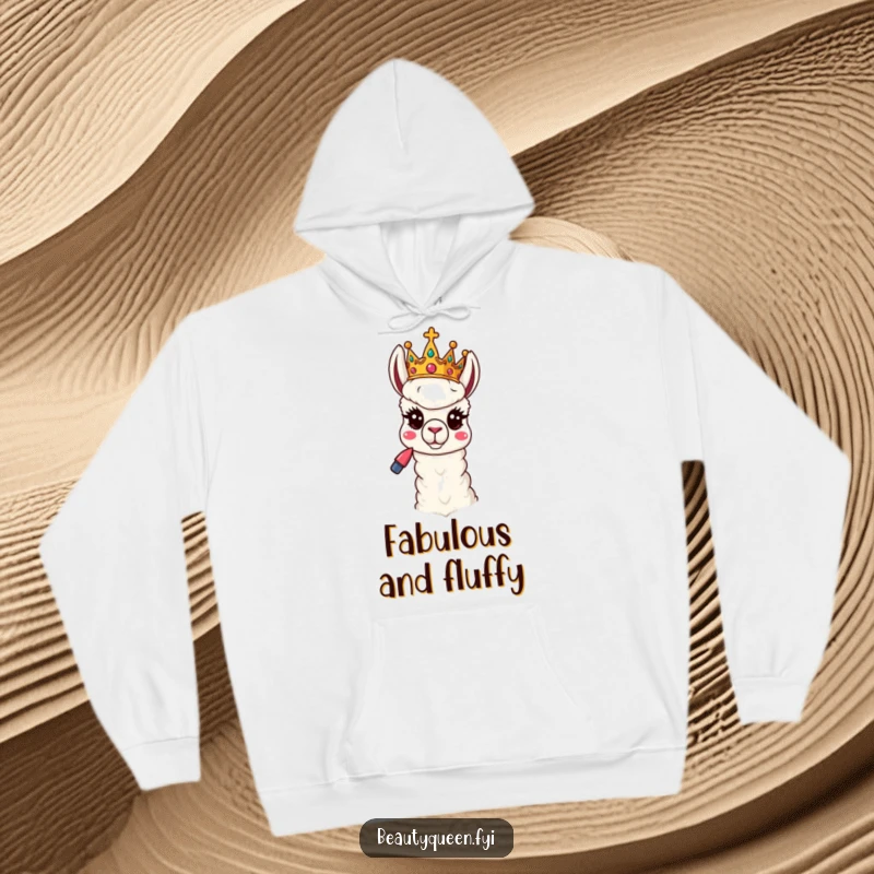 Funny Llama Hoodie: A playful llama queen, tilted crown and lipstick in paw, strikes a funny, sassy pose with regal humor.