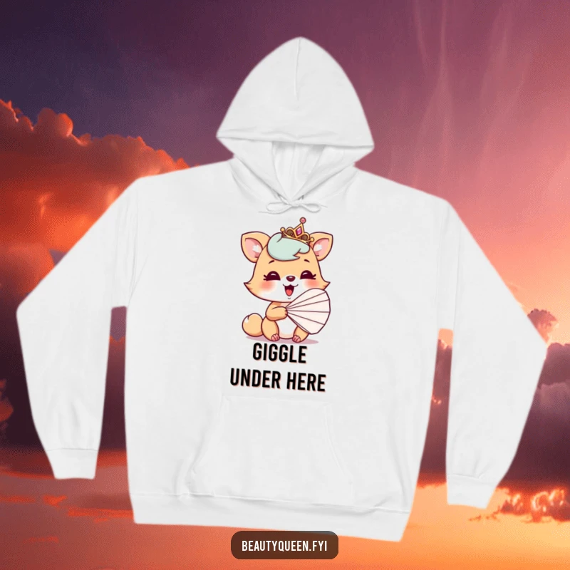 Funny hoodie depicting a playful animal with a tilted tiara, caught giggling behind a fan, absolute silliness.