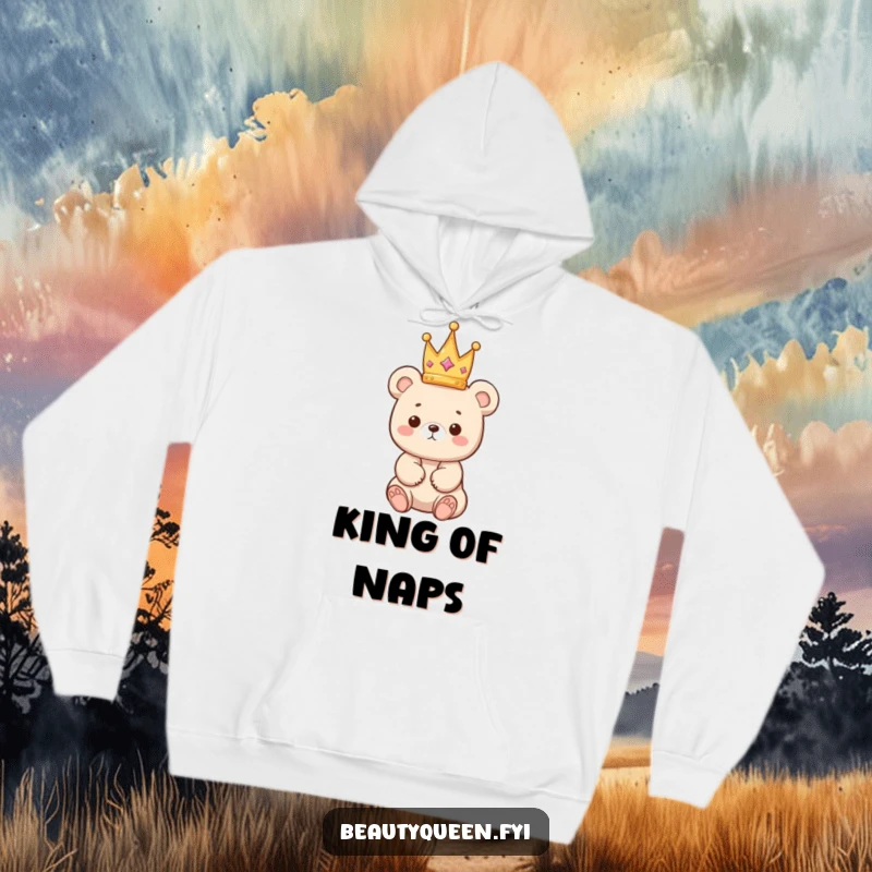 Funny bear hoodie depicting a kawaii bear cub balancing a tiny crown, designed for maximum coziness and adorable charm.