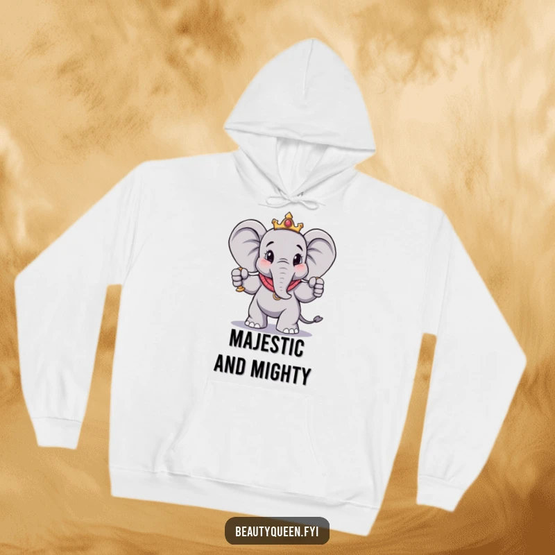 Funny elephant hoodie with a charmingly regal elephant striking a dramatic pose with a scepter, offering warmth and majestic humor.