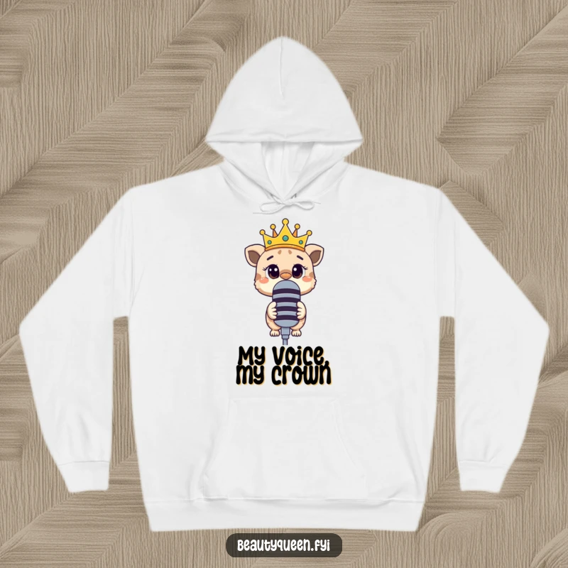 Funny hoodie featuring a curious animal with a slanted crown, peeking over a big microphone, ready to talk.