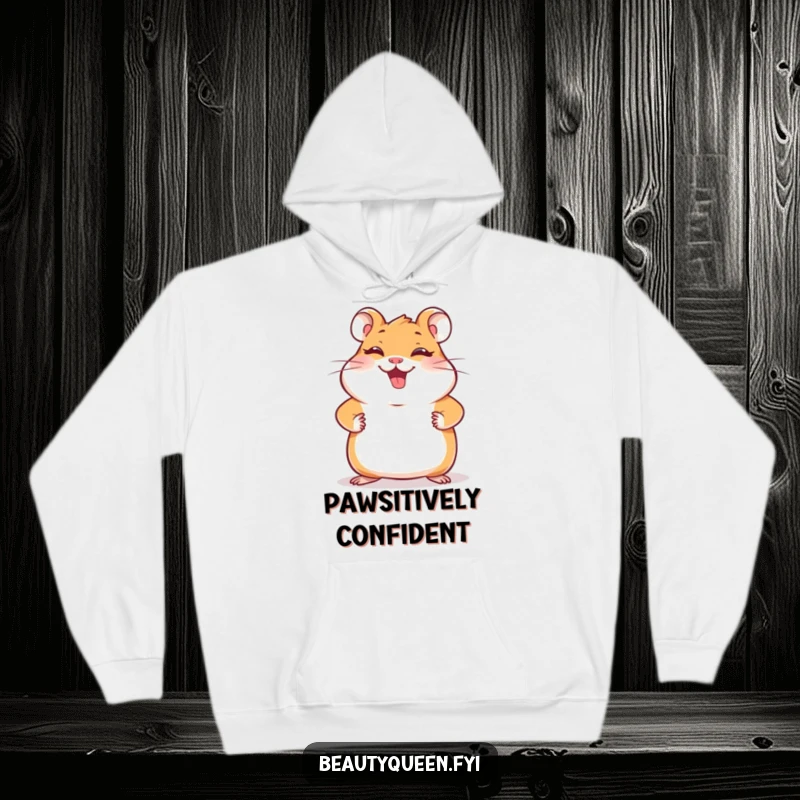 Funny hamster hoodie with a giggling hamster striking a pose with paws on hips, offering cozy comfort and infectious, playful energy.