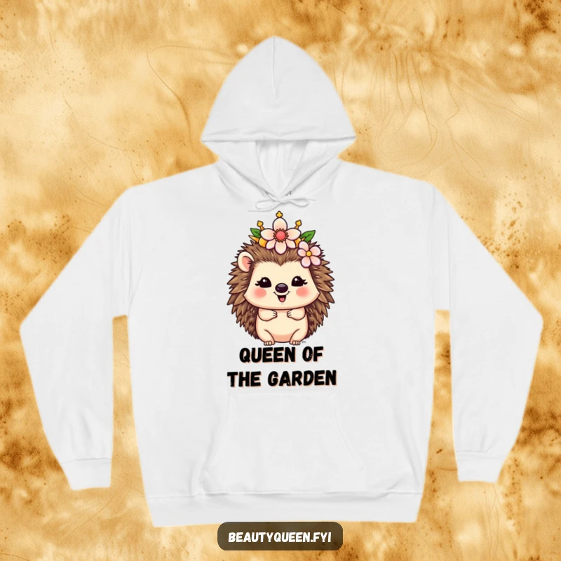 Funny Hedgehog Hoodie: A happy hedgehog queen proudly places a whimsical flower on her crown, radiating cute and funny royalty.