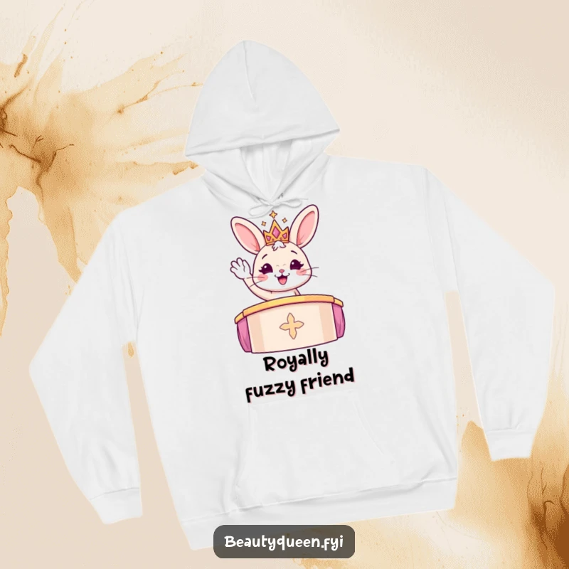 Funny bunny champion wearing a sparkly tiara waves from a podium, printed on a cozy hoodie.