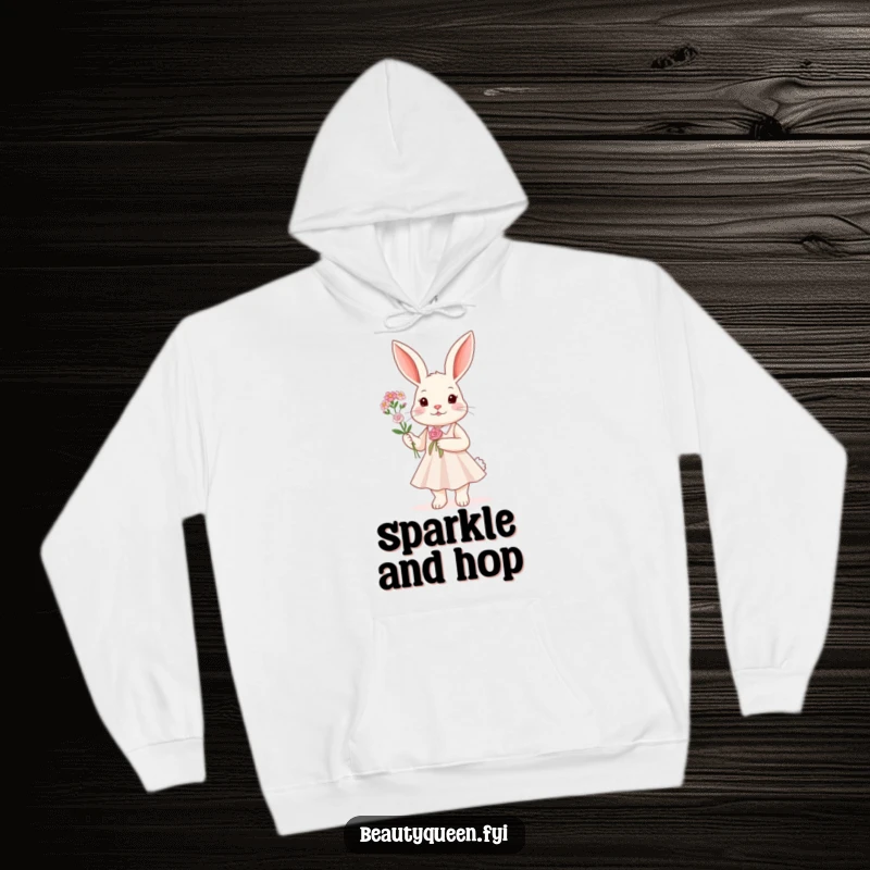 Funny Hoodie depicting a rabbit in a glamorous sparkly dress holding a delicate flower bouquet, perfect for cozy, humorous wear.