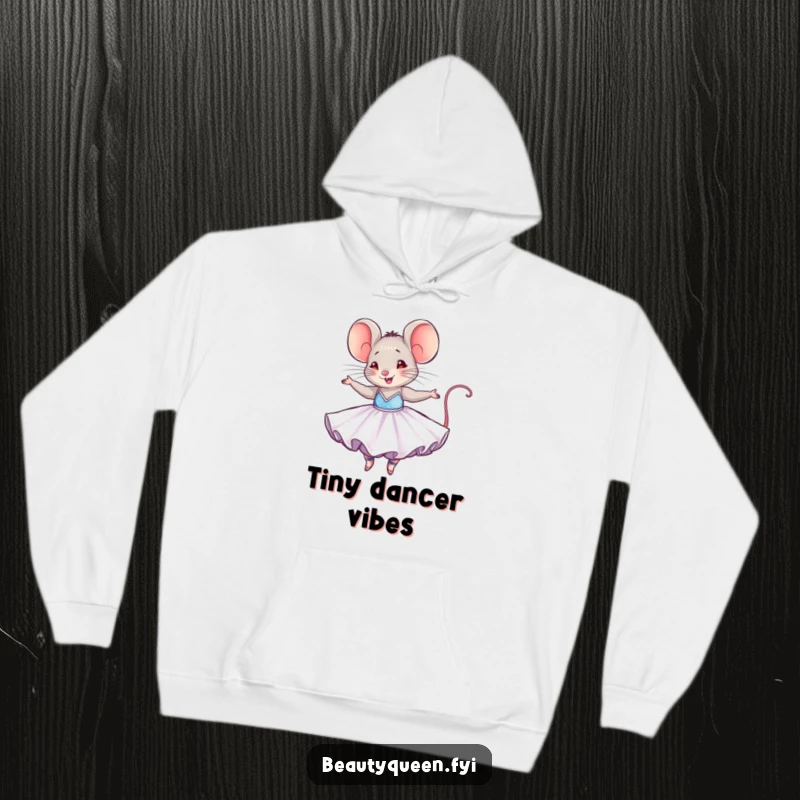 Funny mouse hoodie featuring a tiny mouse in a dazzling ballgown, joyfully twirling, perfect for cozy and whimsical wear.
