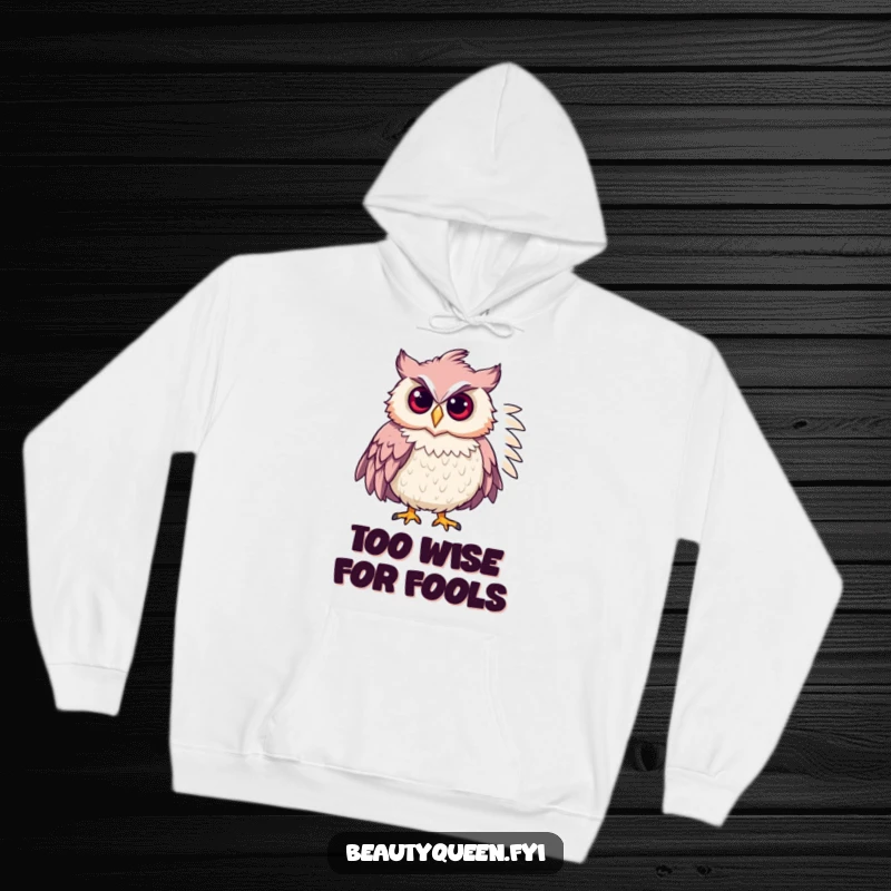 Funny chic owl with a feathered boa striking a confident pose on a cozy hoodie, merging style and humor.