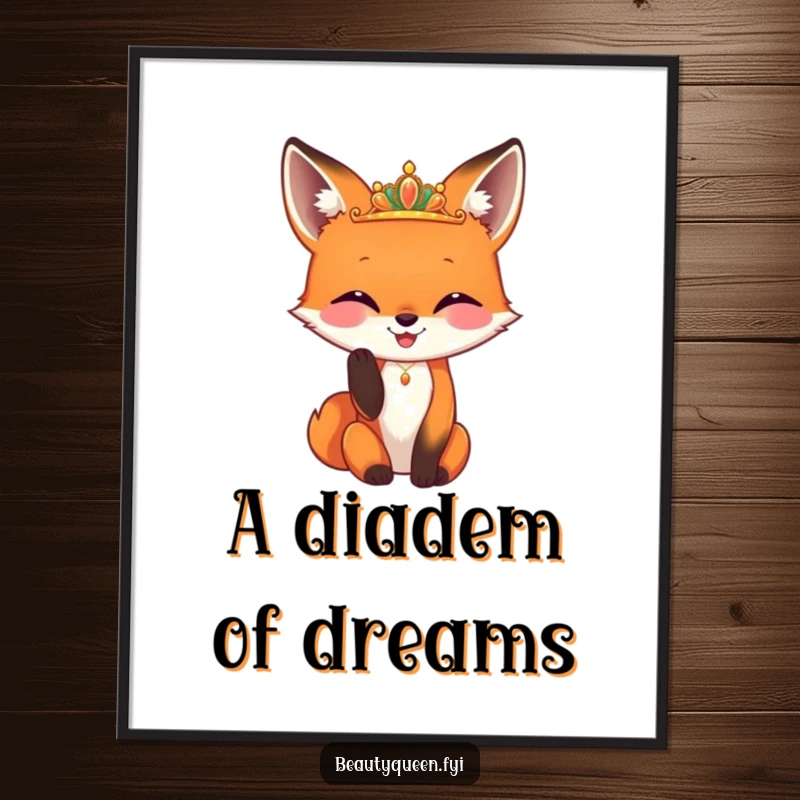 Funny Free Printable Wall Art: A happy fox adjusts a tiny, gleaming diadem with its paw, a portrait of downloadable, whimsical elegance.