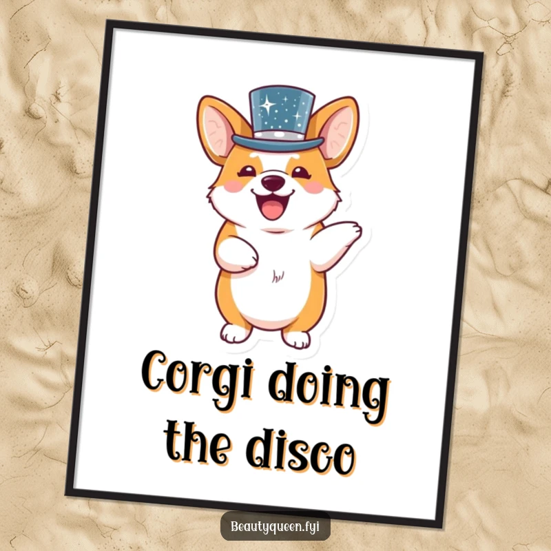 Funny free printable wall art showing a giggling corgi wearing a dazzling sequined top hat, caught mid-dance with pure delight.