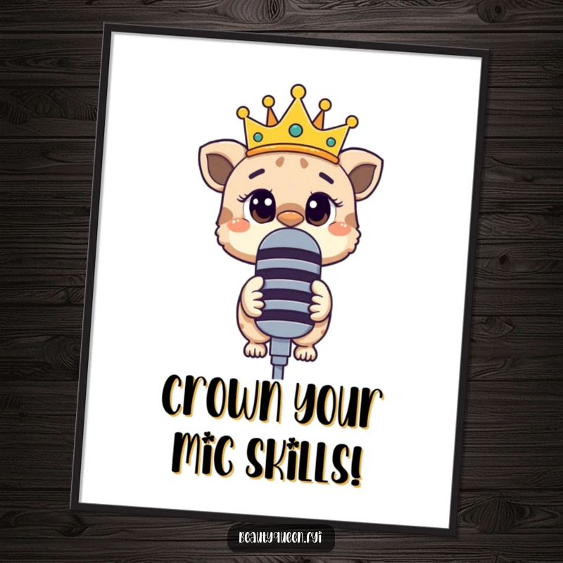 Free Printable Wall Art: Curious animal with askew crown, peering over a microphone, bringing a quirky vibe.