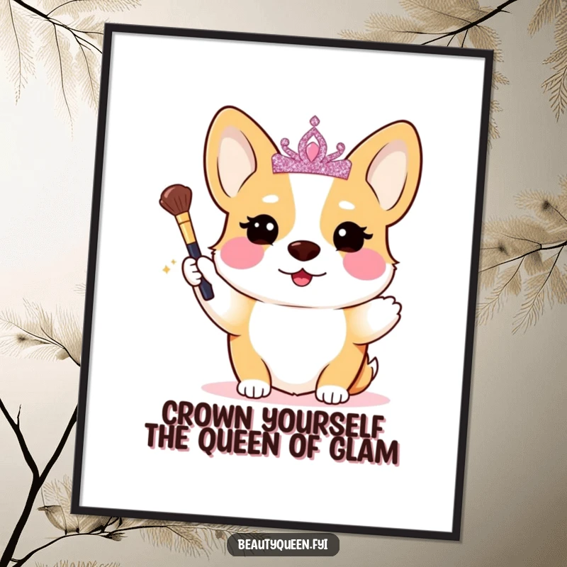 Funny Free Printable Wall Art: Blushing Corgi queen in tiara, holding makeup brush, adorning walls with glam beauty.