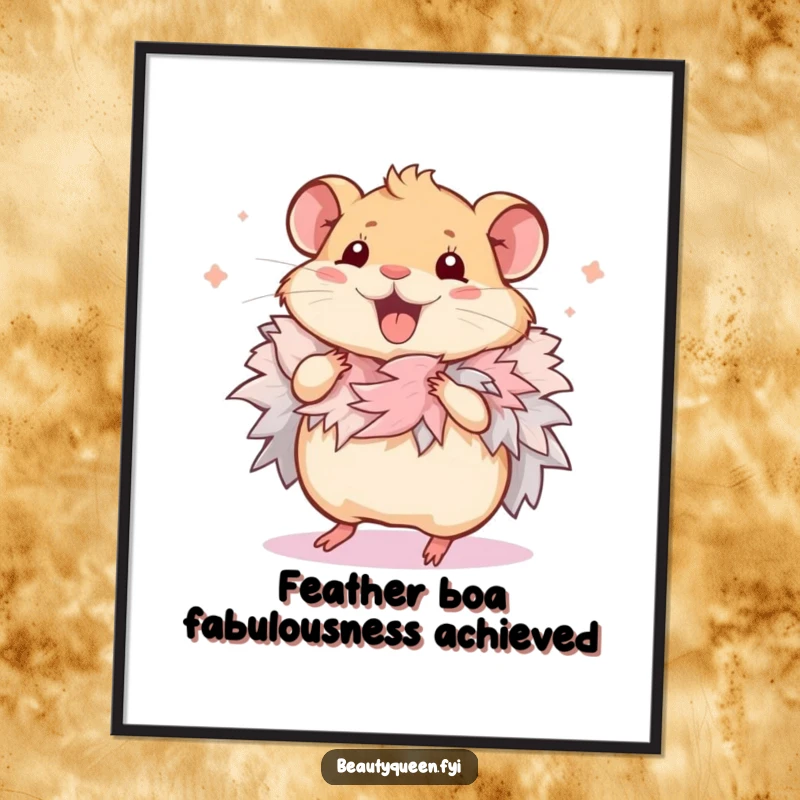 Funny free printable wall art: a small hamster wearing a vibrant feathered boa, joyfully dancing, eccentric and fun.
