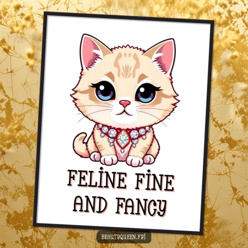 Funny Free Printable Wall Art of a majestic cat with a glittering rhinestone collar, posing with an air of regal sass and humor.