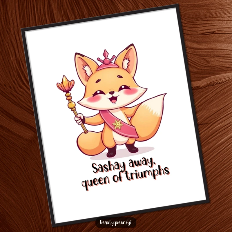 Funny Free Printable Wall Art: Giggling fox in a shimmering sash, holding a scepter with a triumphant, stylish pose.
