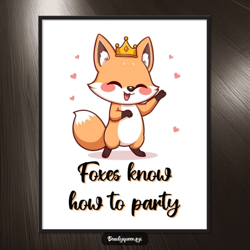 Funny Free Printable Fox Wall Art: A goofy fox wearing a crown askew, captured mid-dance with joyful abandon.