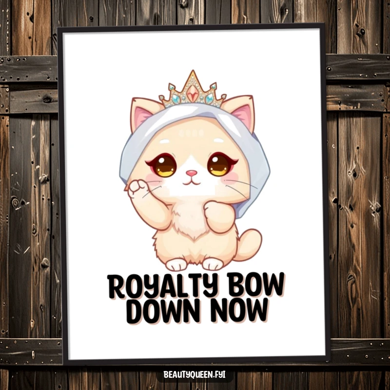 Funny free printable wall art: fluffy cat bride in a sparkly crown and veil, poised and elegant, sophisticated humor.