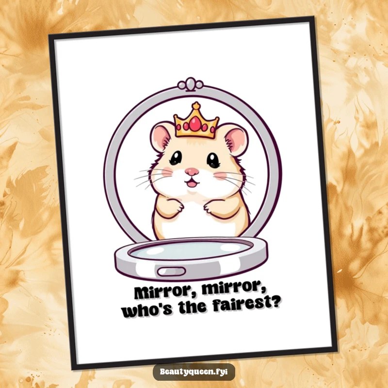 Funny Free Printable Wall Art: A cute hamster queen in a petite crown peeks elegantly from behind a large compact mirror.