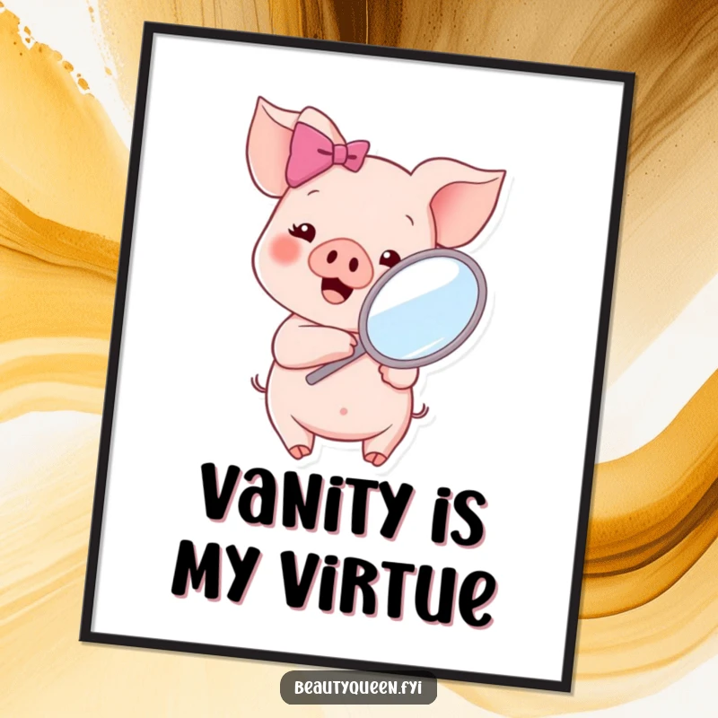 Funny Free Printable Wall Art: Cheerful piglet with a pink bow holding a mirror and admiring herself.