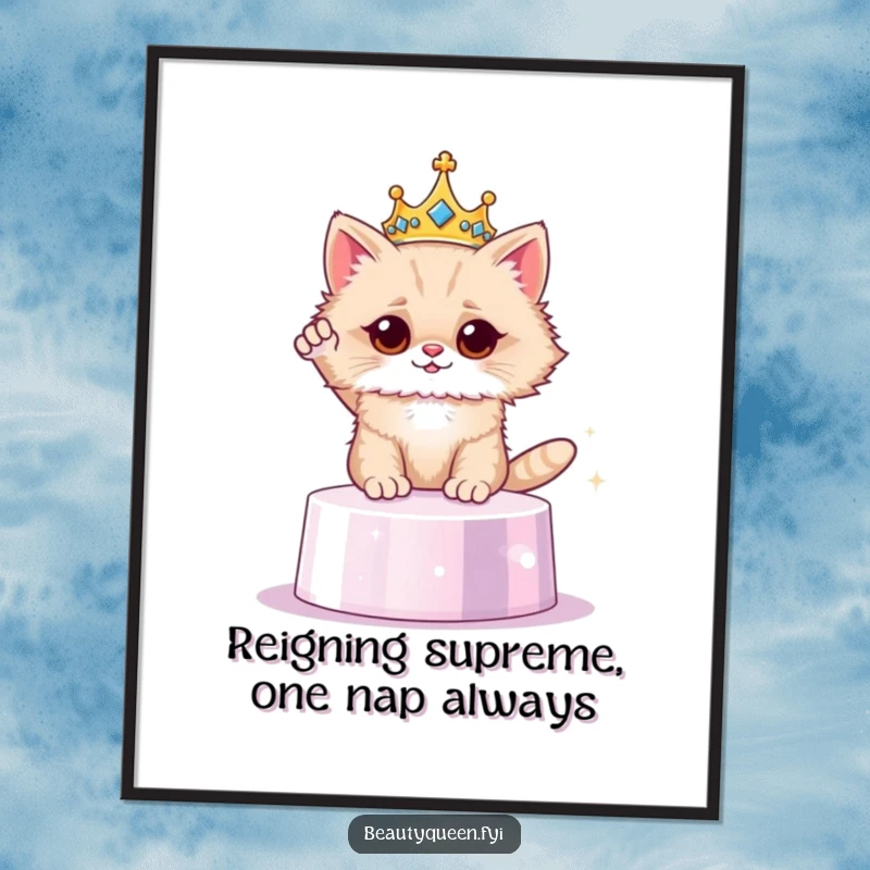 Funny Free Printable Wall Art: A fluffy cat adorned with a petite crown poses regally on a sparkling pedestal, adding sophisticated humor to any room.