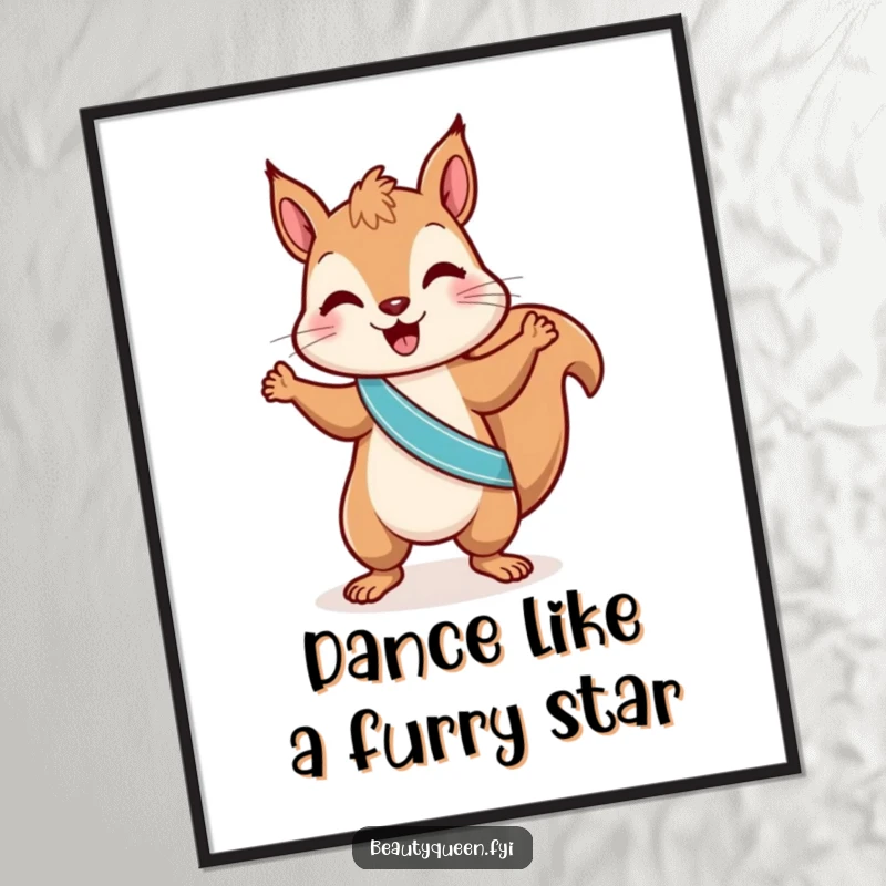 Funny Free Printable Wall Art: A playful squirrel with a sash dances with gusto, a downloadable icon of pure, energetic fun.