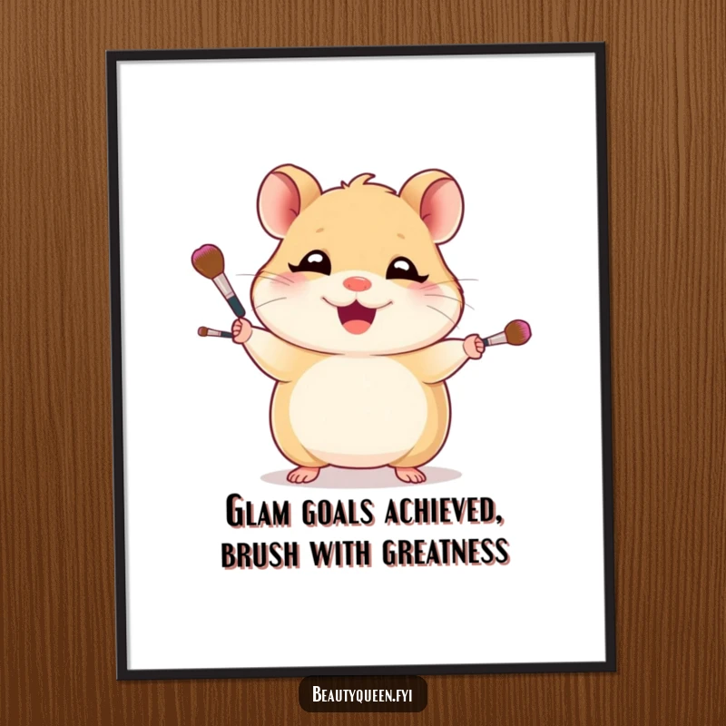Funny Free Printable Wall Art: A giggling hamster artist confidently juggles tiny makeup brushes, full of playful mischief.