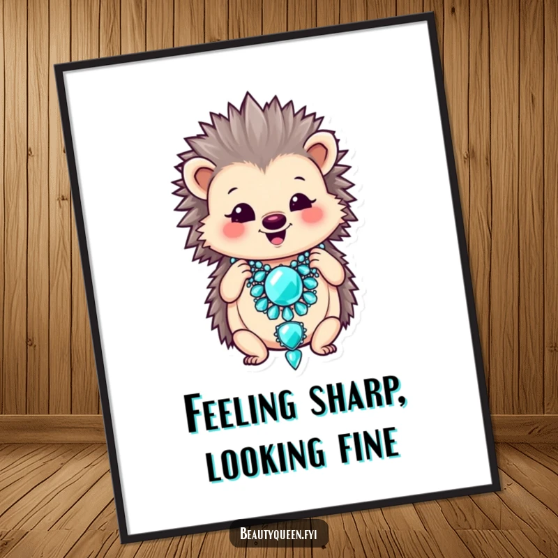 Funny Free Printable Wall Art: A smiling hedgehog adjusts an oversized jeweled necklace, adding glamorous humor to decor.