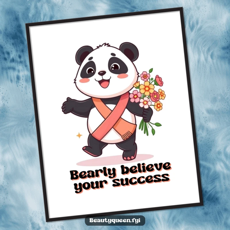 Funny Free Printable Wall Art: A smiling panda in a sash prancing with flowers, a humorous and charming downloadable art piece.