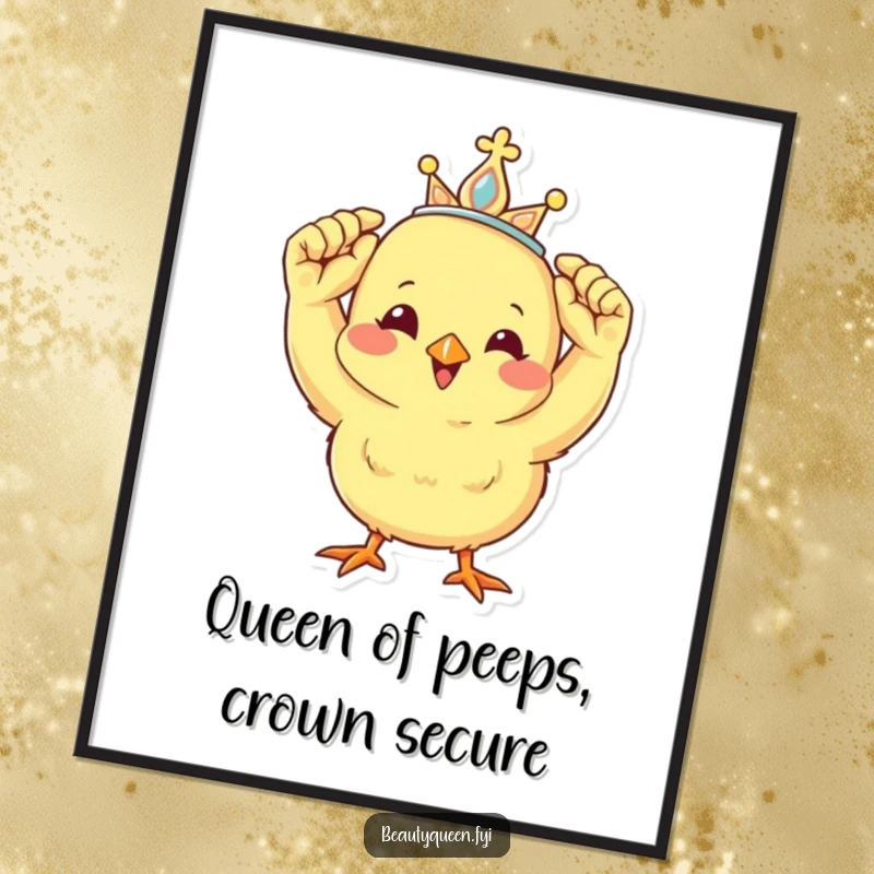 Funny Free Printable Wall Art: A cheerful chick adjusting its miniature tiara, radiating happiness.
