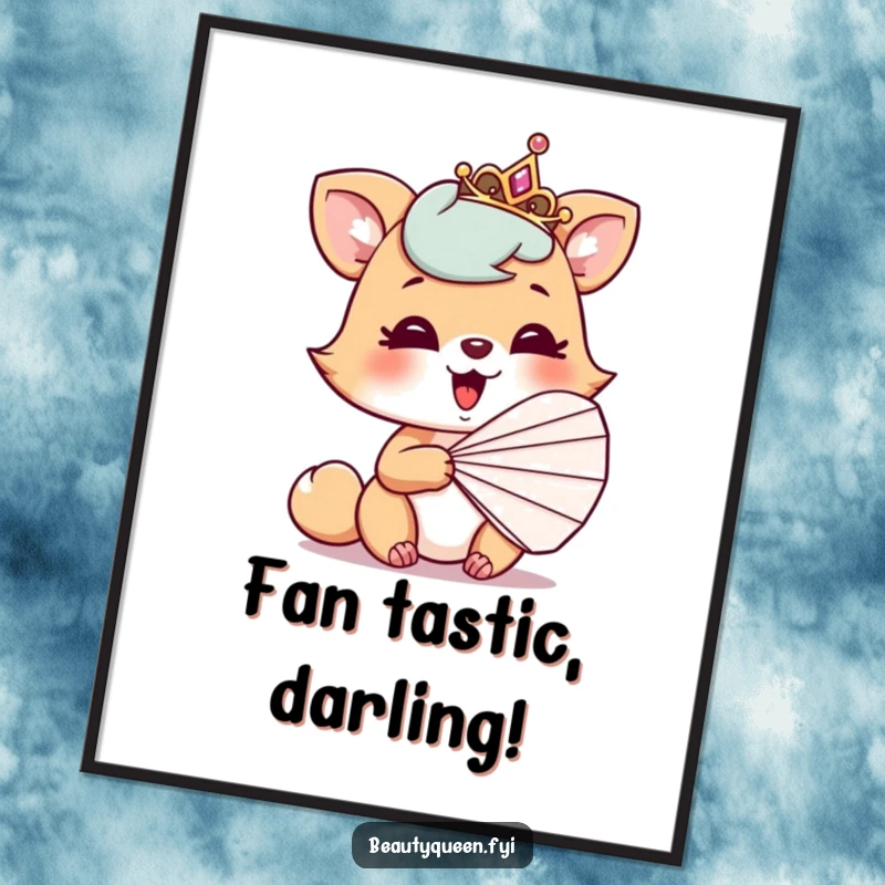 Funny Free Printable Wall Art: Playful animal giggling behind a fan, tiara tilted, bringing a dose of humor to any wall.