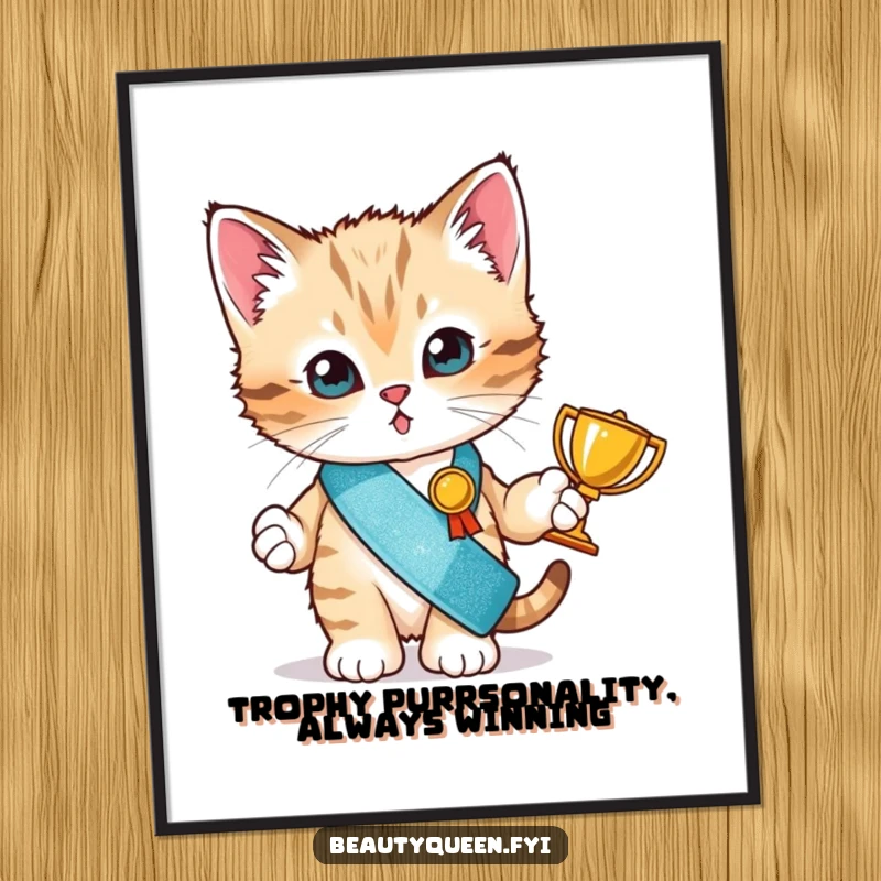 Funny Free Printable Wall Art: A tiny, glitter-sashed kitten beaming with pride, holding a small trophy.