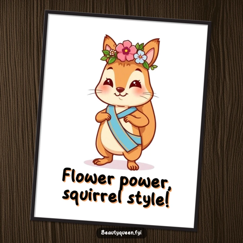 Funny Free Printable Wall Art: playful squirrel wearing a flower crown, strutting confidently with a sash, downloadable art, quirky decor, DIY gift.