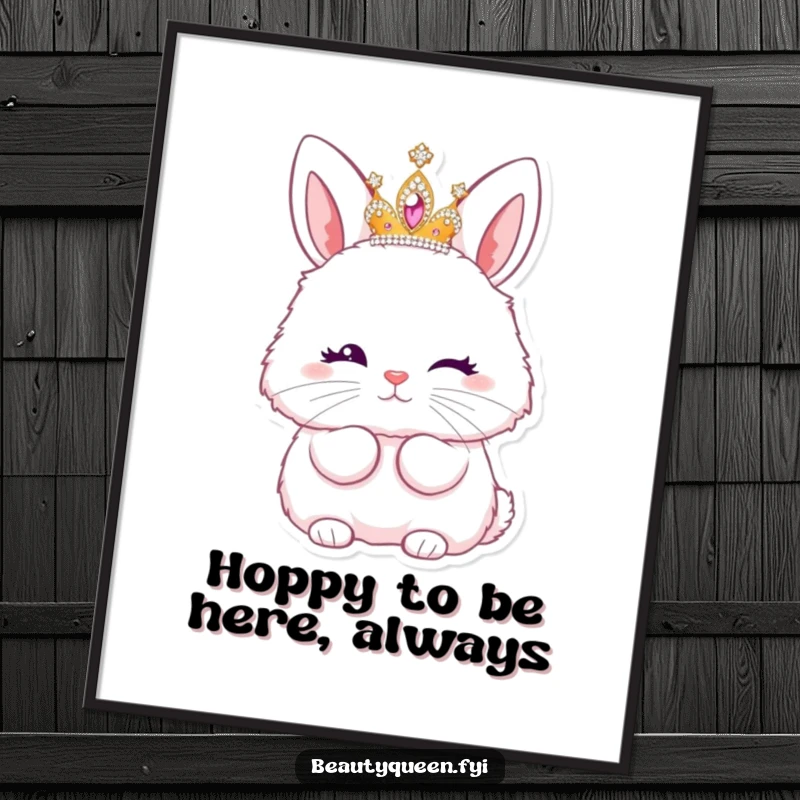 Funny Free Printable Wall Art: A fluffy bunny wearing a sparkling tiara winks and blows a kiss, adding humor to decor.
