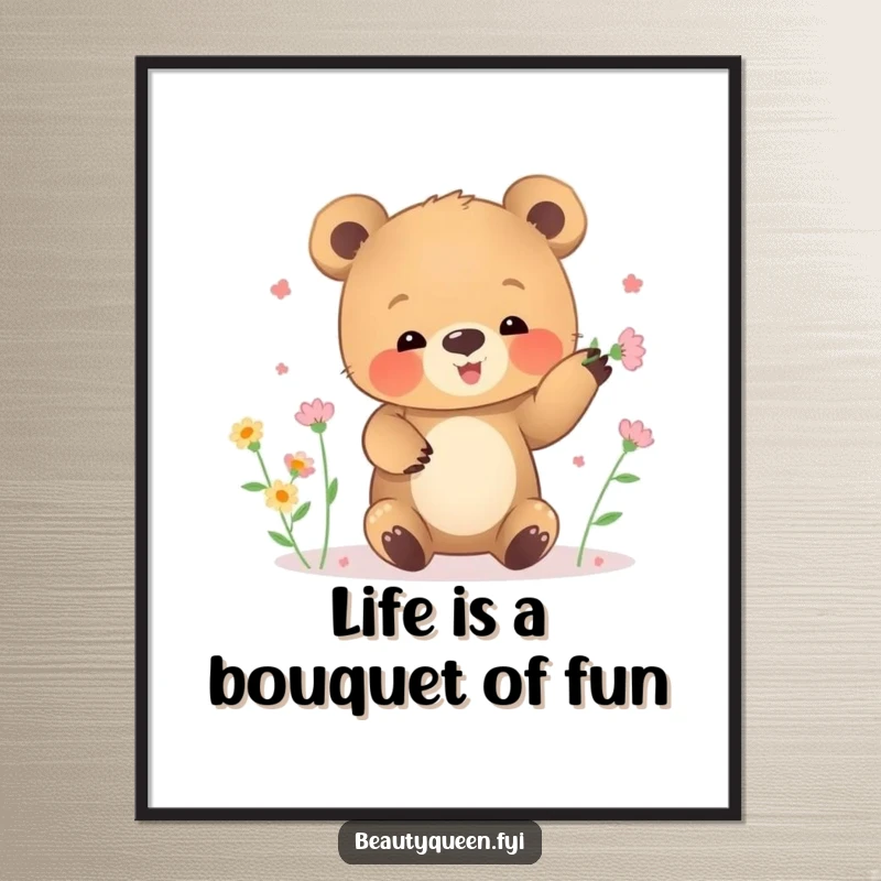 Funny Free Printable Wall Art: A small bear cub clumsily juggles tiny blooming flowers, bringing playful charm to decor.
