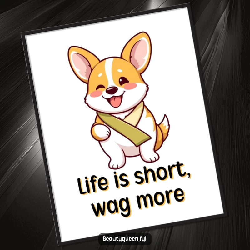 Funny free printable wall art: A proud corgi wearing a sash, beaming with excitement, radiating pure joy and playful energy on your wall.