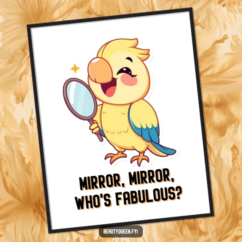 Funny Free Printable Wall Art: A joyful parrot flashes a dazzling smile while holding a mirror, bringing colorful humor to your walls.