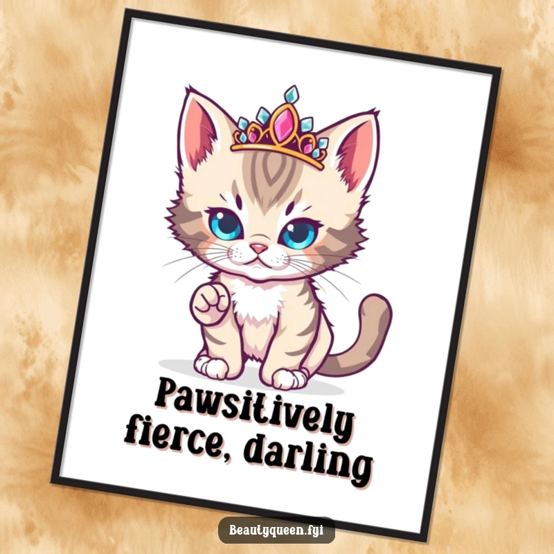 Funny Free Printable Wall Art: A cute kitten in a jeweled tiara strikes a fierce, adorable runway pose, adding glamour to the room.