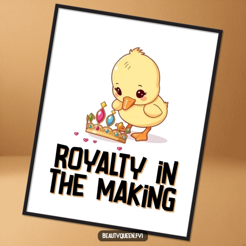 Funny Free Printable Wall Art featuring a curious duckling with wide eyes, humorously pecking at a dropped, glittering tiara on the floor.