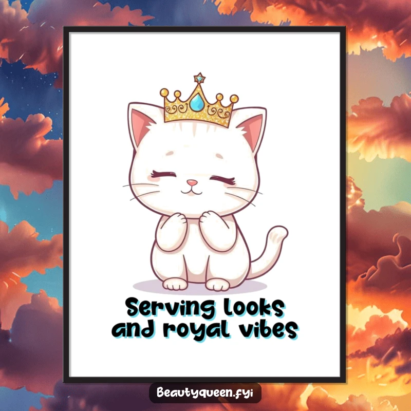 Funny Free Printable Wall Art: Kawaii cat wearing a glittering crown attempts a graceful curtsy, adding chic humor to decor.