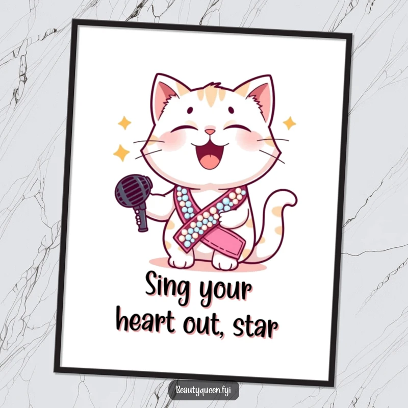 Funny Free Printable Wall Art: A giggling cat wearing a sequined sash and microphone strikes a pose, a downloadable star of humor.