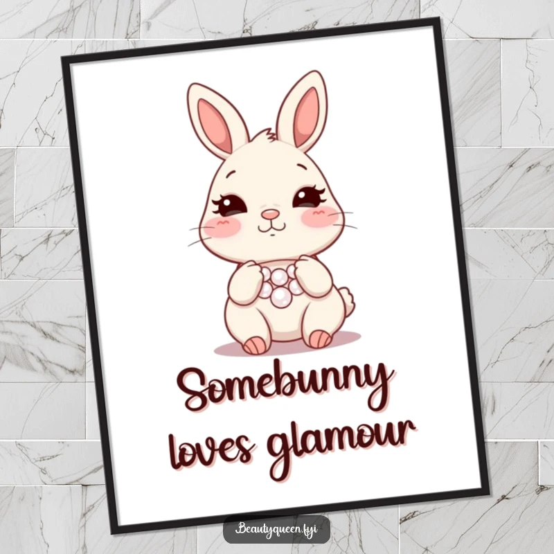 Funny Free Printable Wall Art: A blushing bunny adorning a glamorous pearl necklace, nose twitching slightly, bringing chic humor to any wall.