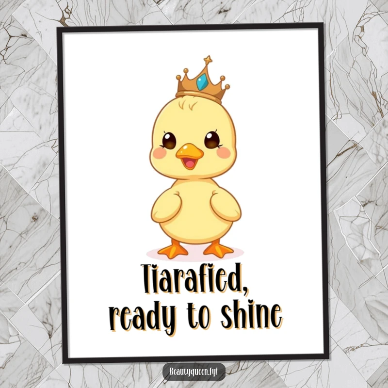 Funny Free Printable Wall Art: A cute duckling beaming brightly while balancing a tiny tiara.