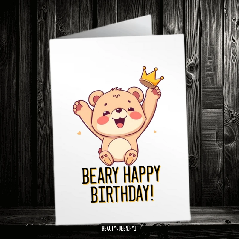 Funny Free Printable Birthday Card: A smiling bear cub joyfully tosses a crown in the air, celebrating with downloadable glee.