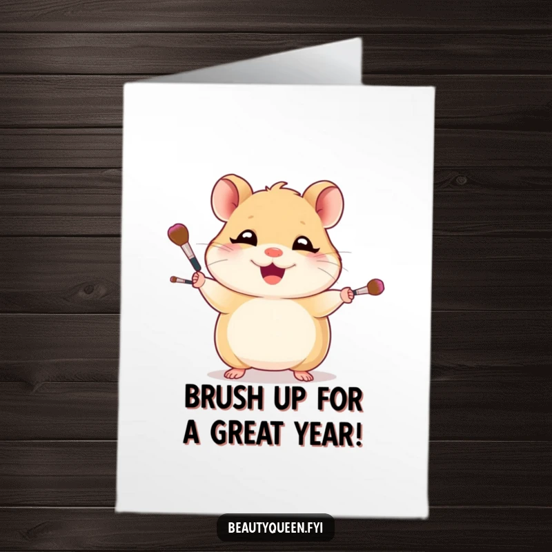 Funny Free Printable Birthday Card: Giggling hamster artist expertly juggles makeup brushes with a huge, confident grin.