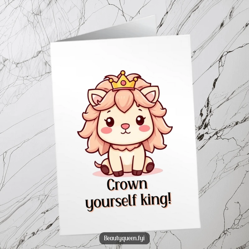 Free Printable Birthday Card: Cheerful animal with fluffy mane and tiny crown, ready for a happy birthday.