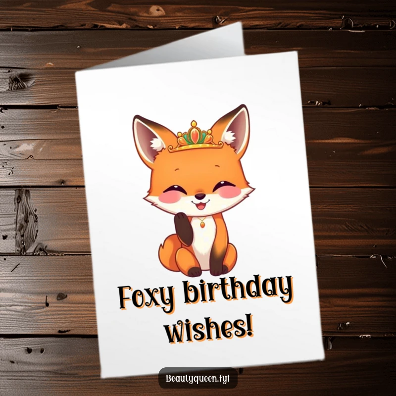 Funny Free Printable Birthday Card: A happy fox adjusts a tiny, gleaming diadem with its paw, looking dapper for birthday wishes.